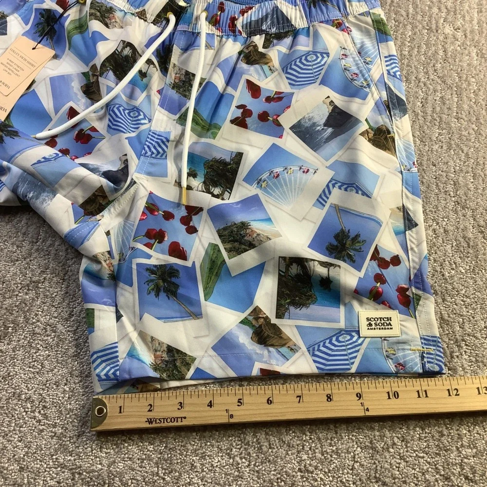 Scotch & Soda Mens Volley Swim Shorts Polaroid Print White Blue Size M NWT